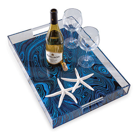 Blue Lucite Serving Tray with Malachite Accents