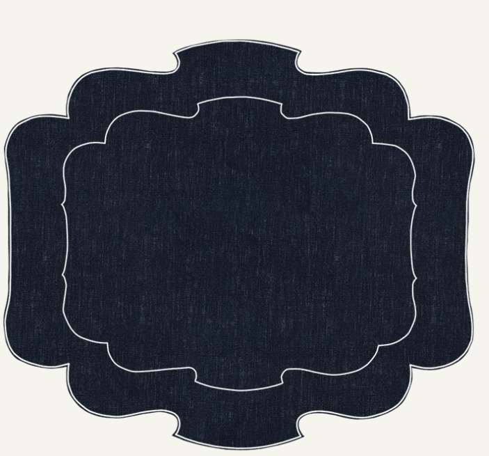 Navy Linen Placemat with White Embroidery - Wipeable