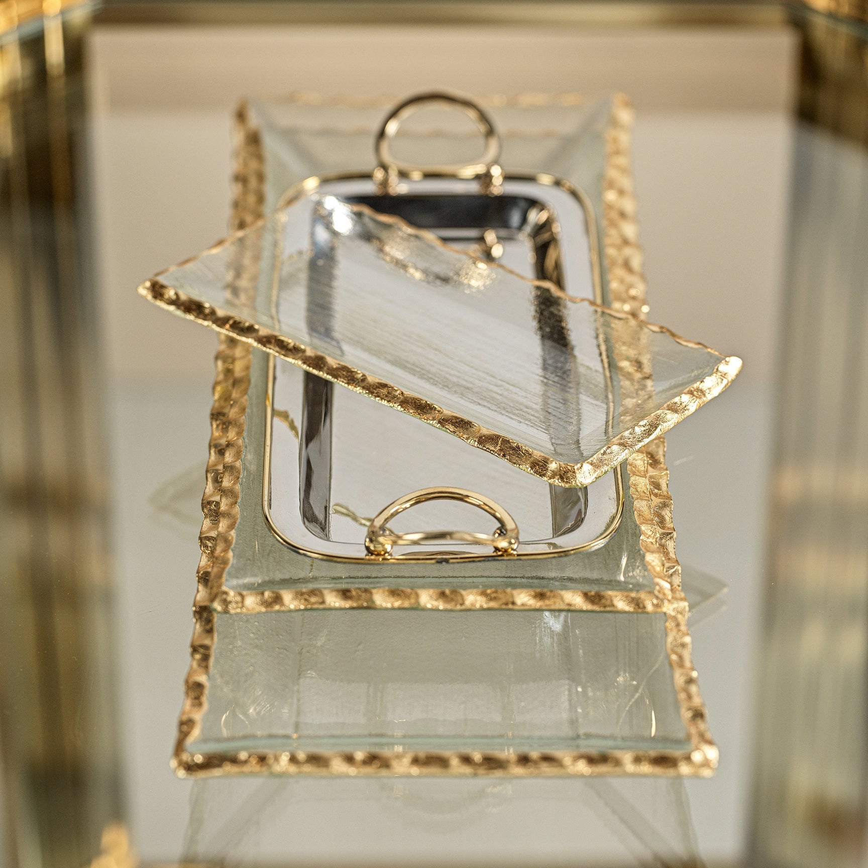 Gold-Rimmed Clear Rectangular Tray - Large Textured Design