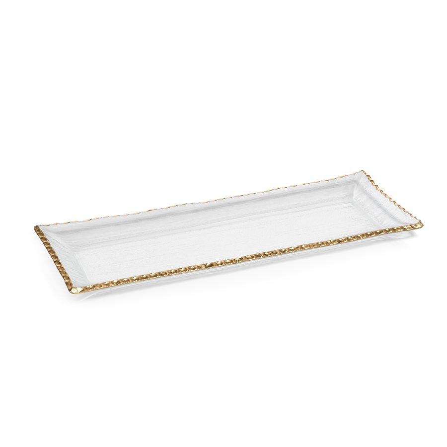 Gold-Rimmed Clear Rectangular Tray - Large Textured Design