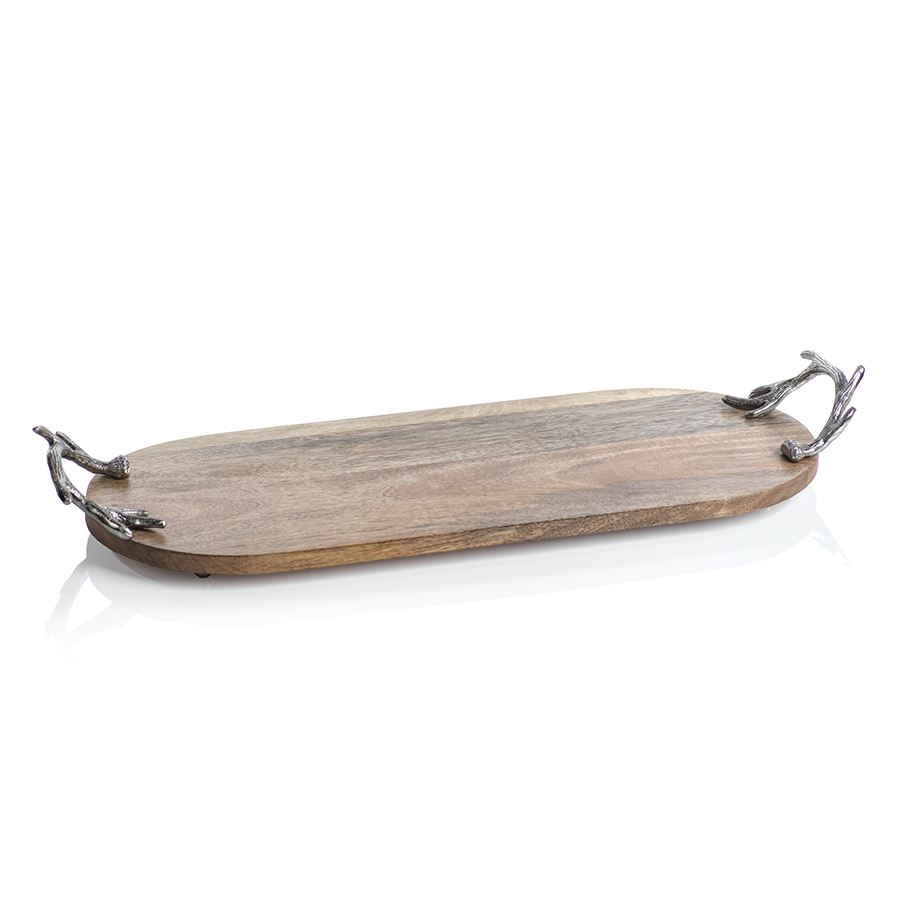 Handcrafted Oval Wood Tray with Antler Handles