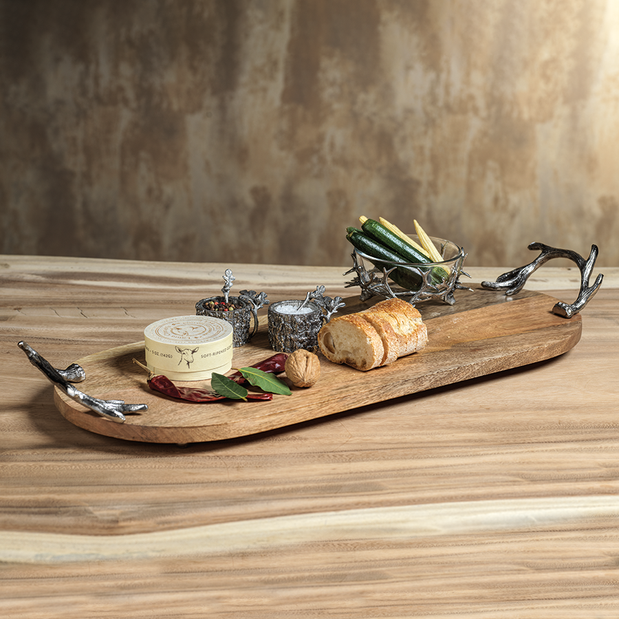 Handcrafted Oval Wood Tray with Antler Handles