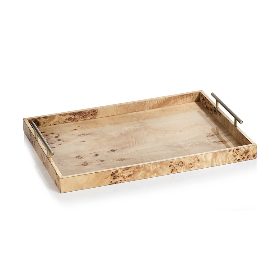 Burl Wood Serving Tray with Gold Handles