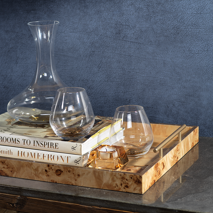 Burl Wood Serving Tray with Gold Handles